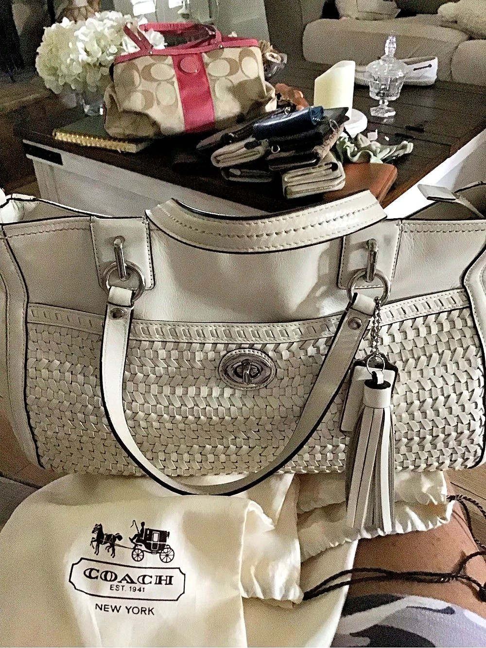 Coach Woven Leather Shoulder Bag in White